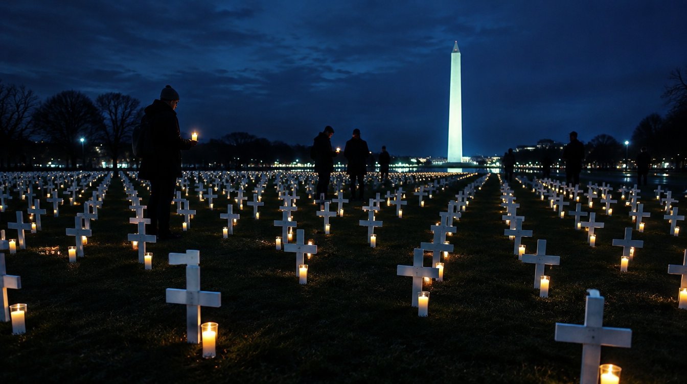 White crosses and candles on the National Mall, Washington, 26 September 2026