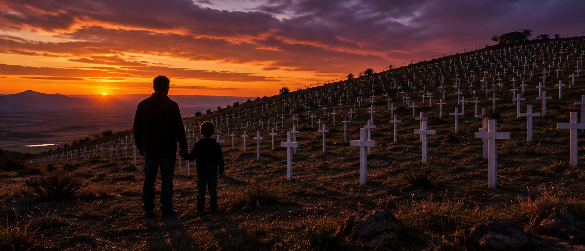 White crosses on a farm at sunset